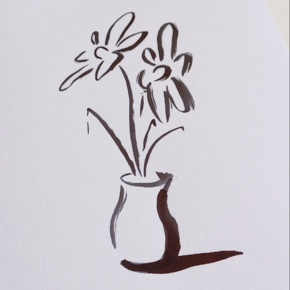 ORIGINAL ART 2 Flowers in Pot by Maria Rivera. 9x12" Black Ink Wall Art Painting - Picture 7 of 8